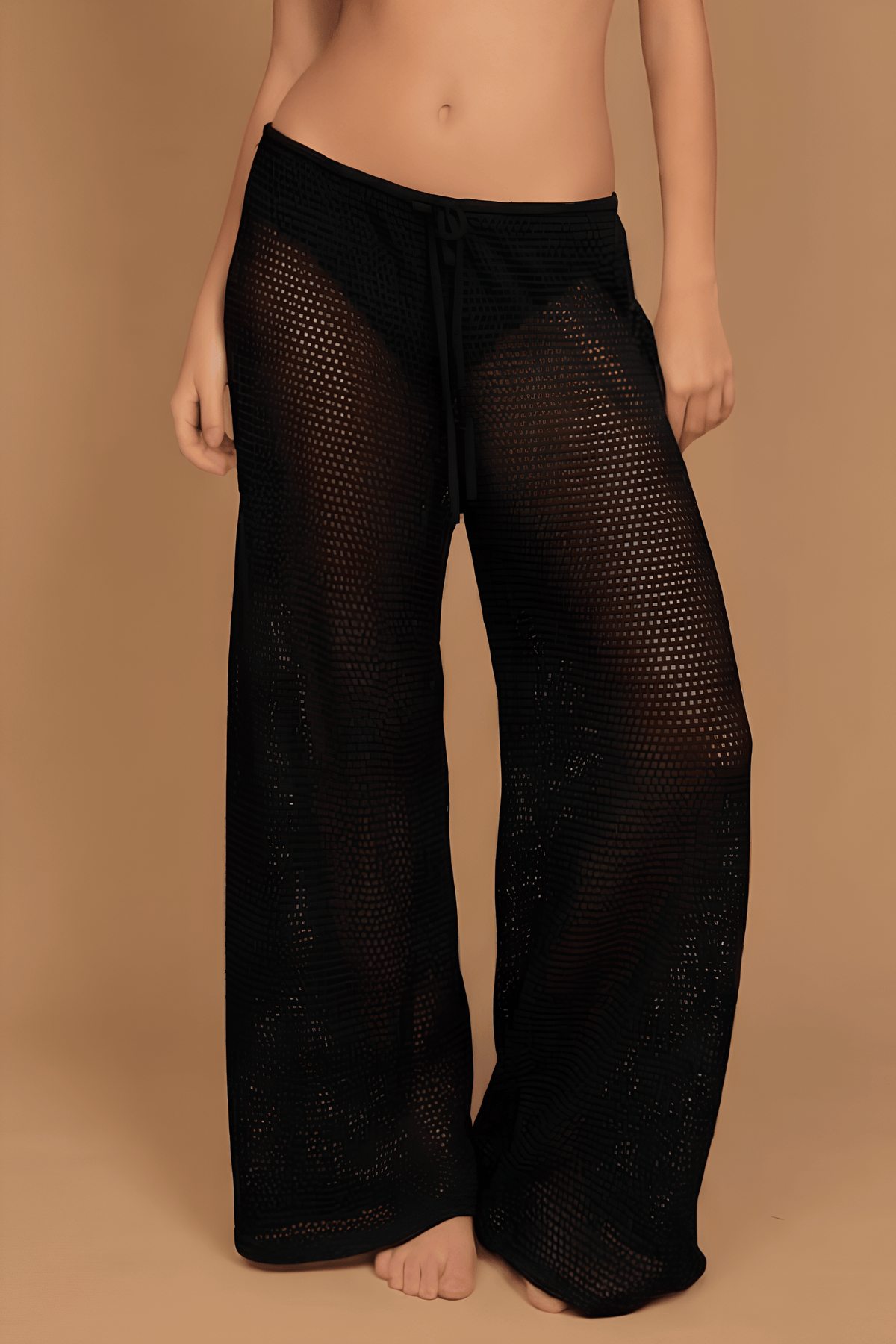 Black Crochet Drawstring Wide-Leg Pant