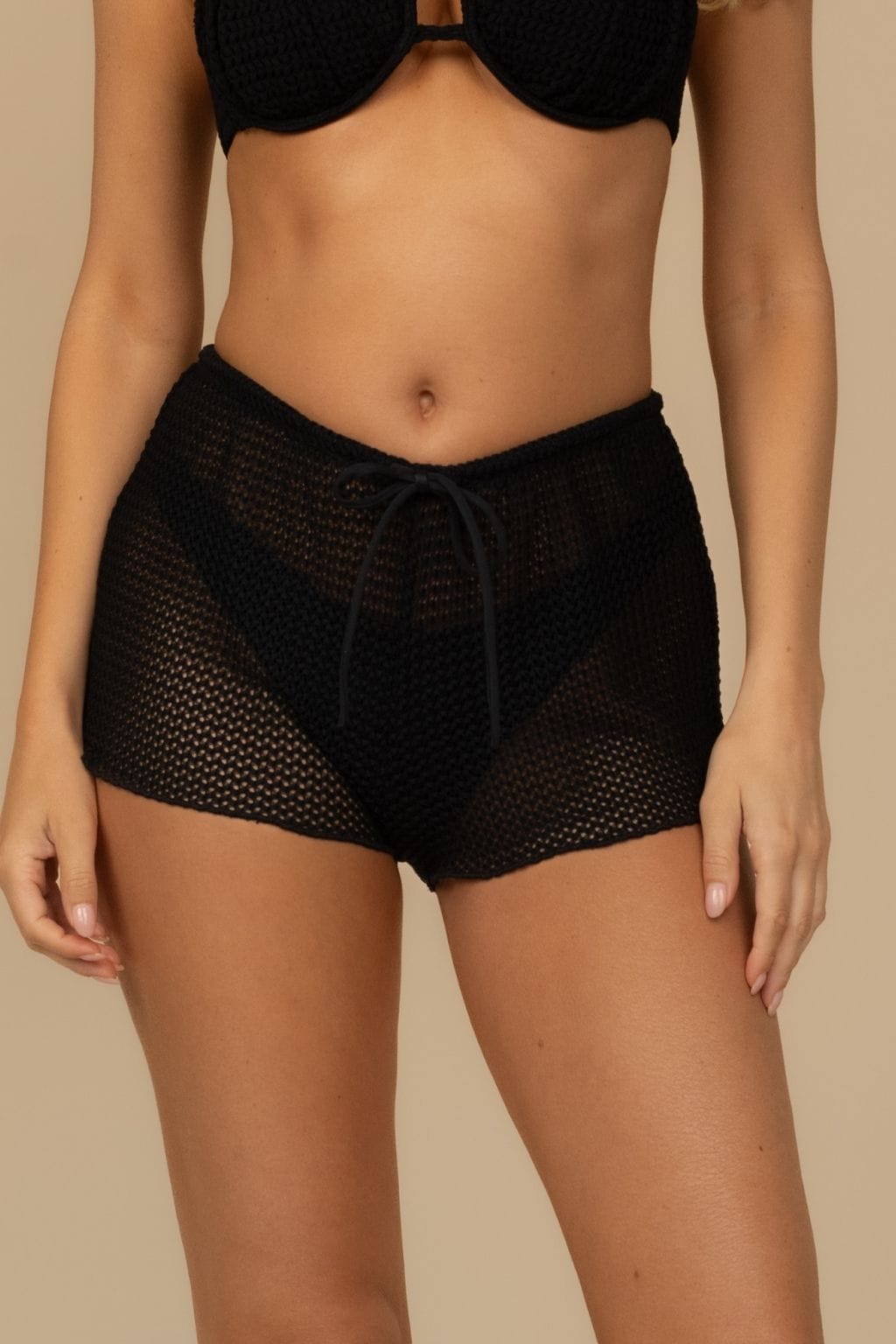 Black Crochet Low-Rise Drawstring Short