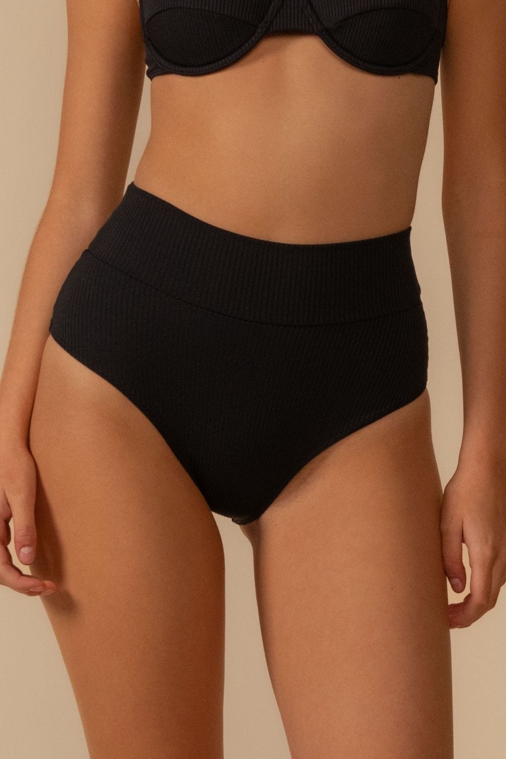 Black Rib Full Coverage High Rise Bikini Bottom