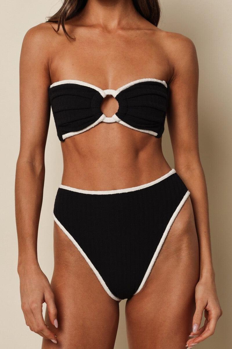 Black (Cream Binded) Terry Rib Tori Ties Bandeau Bikini Top