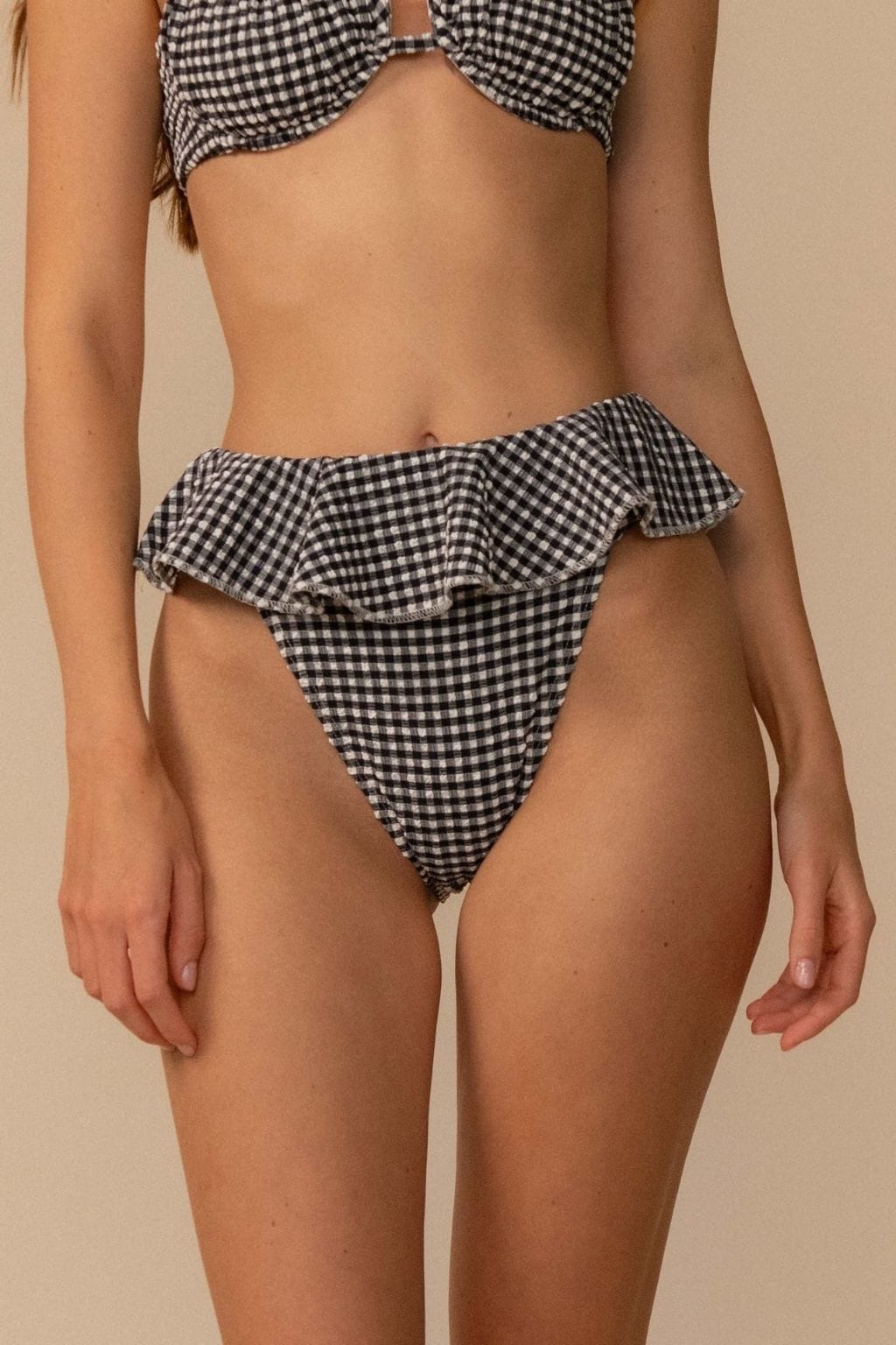 Black & White Micro Gingham Tamarindo Ruffle Bikini Bottom