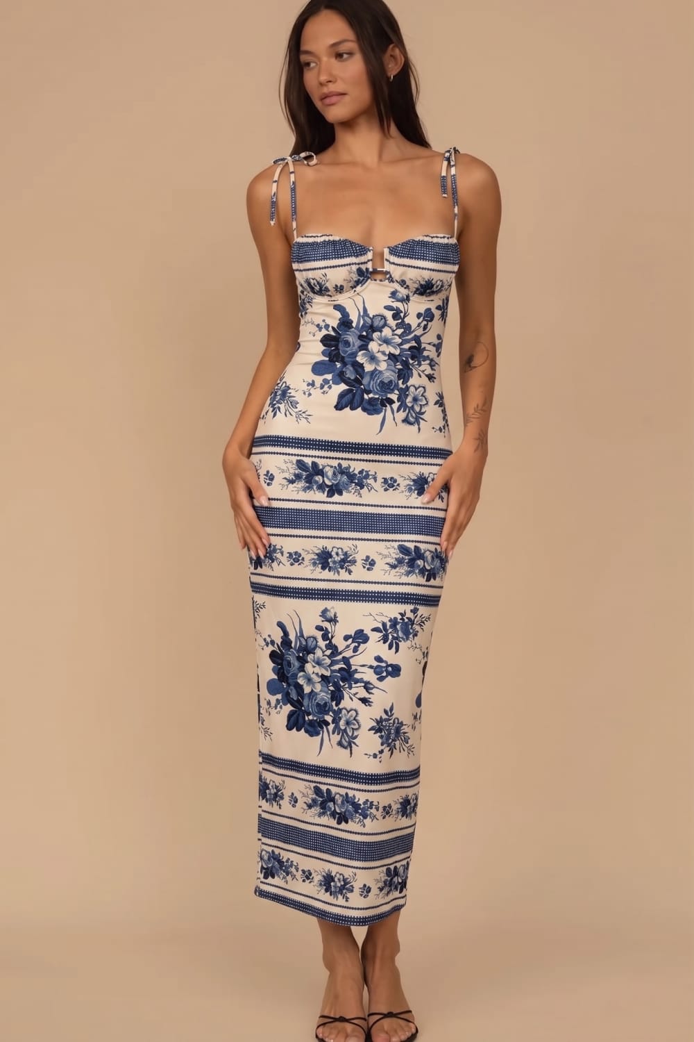 Blue Toile Stripe Petal Long Slip Dress