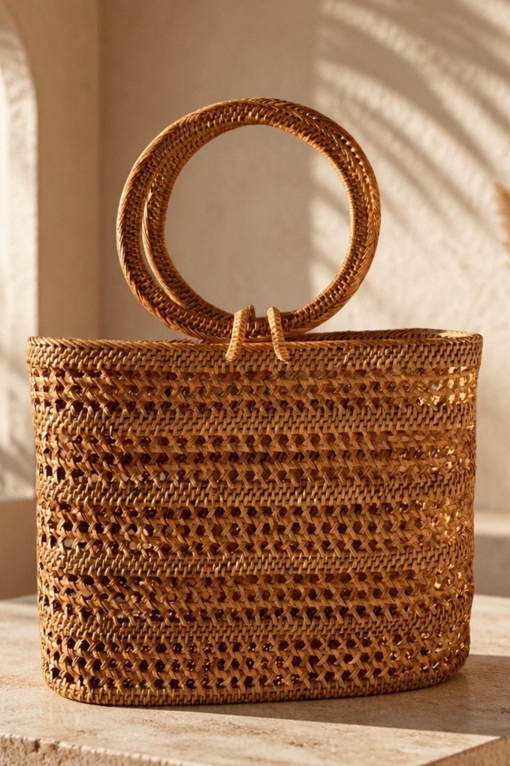 Woven rattan basket with circular woven handles in natural tan color.