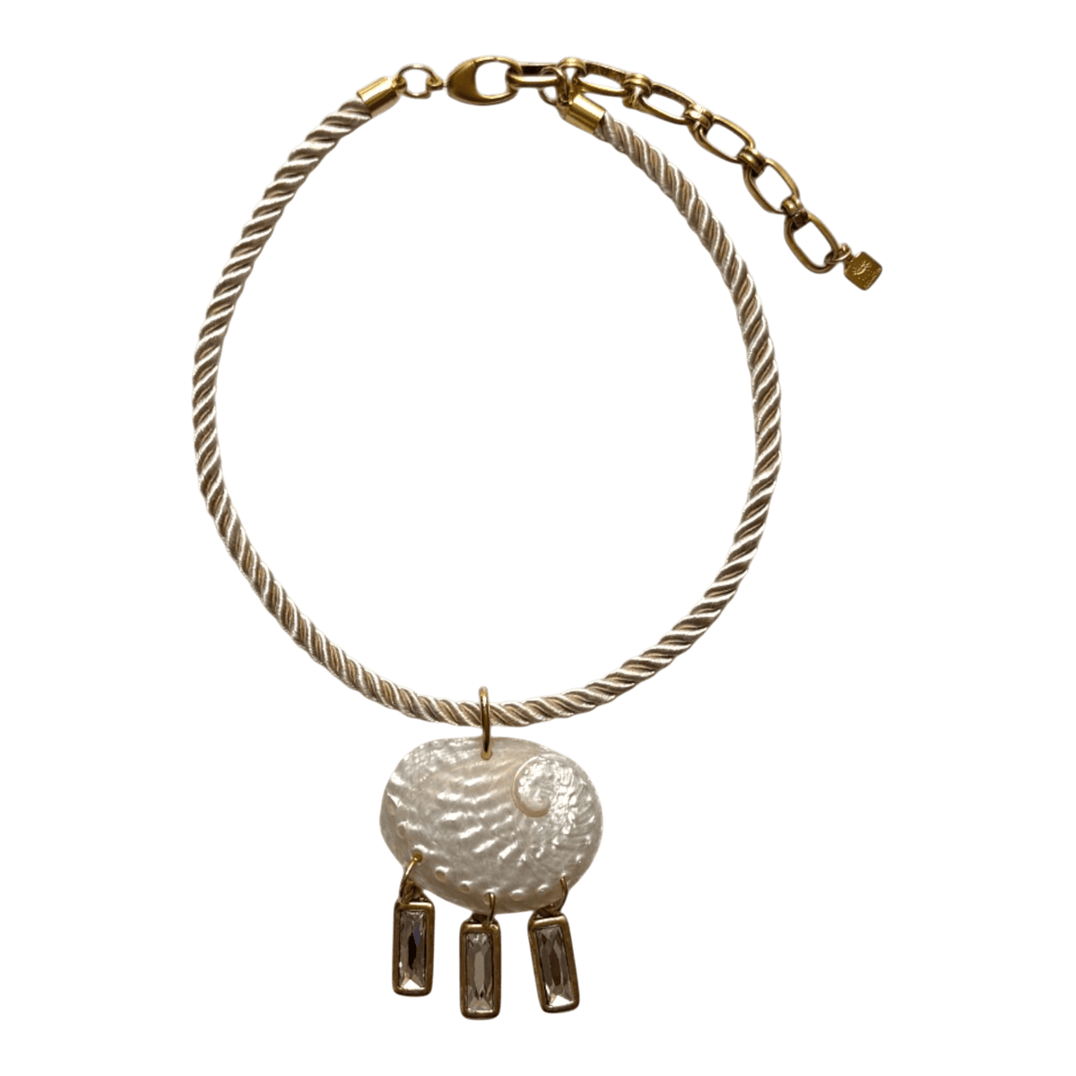 Twisted rope choker necklace with gold-tone chain clasp and shell-shaped pendant with three rectangular hanging charms.
