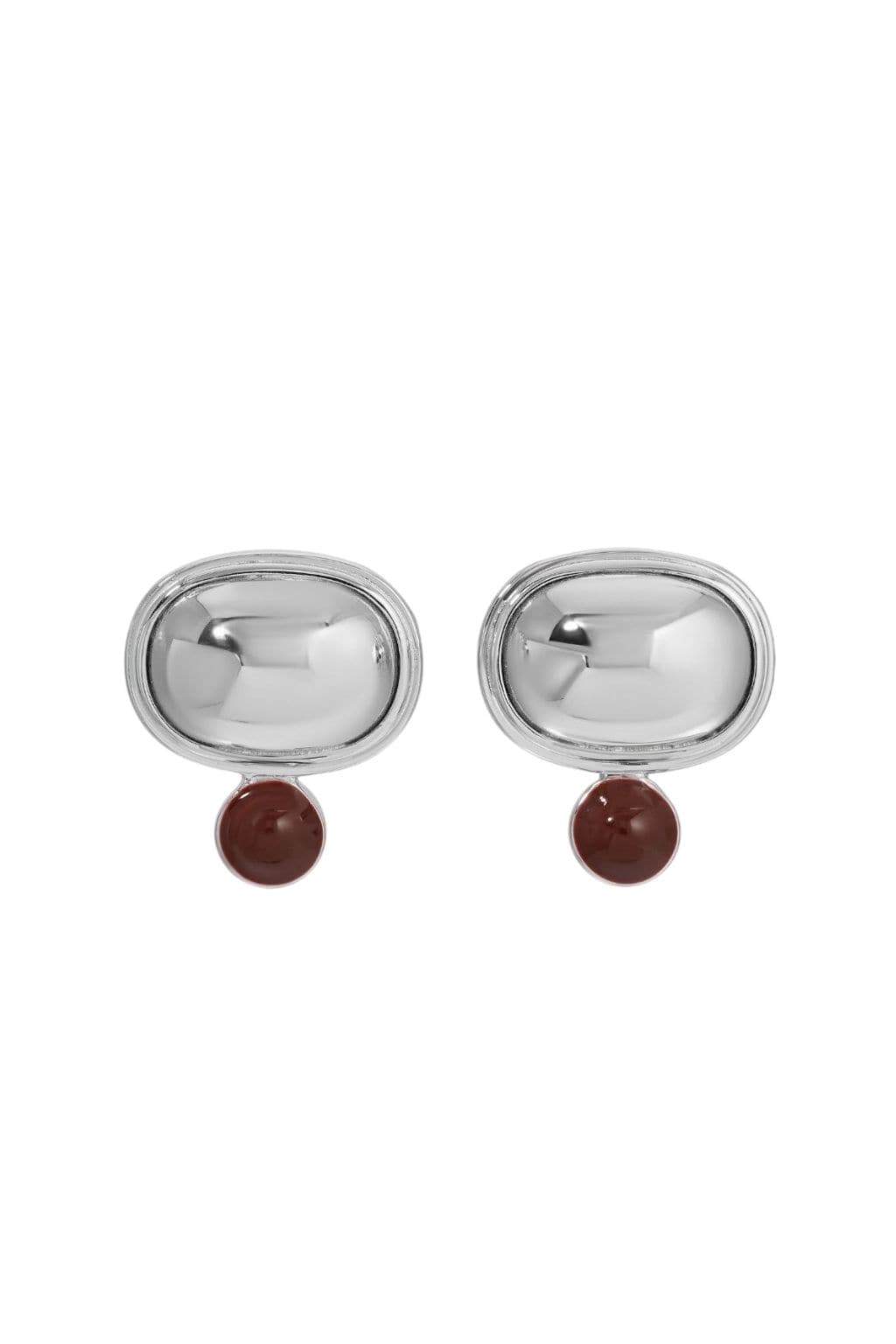 Pair of silver oval earrings with polished domed tops and burgundy spheres hanging below.