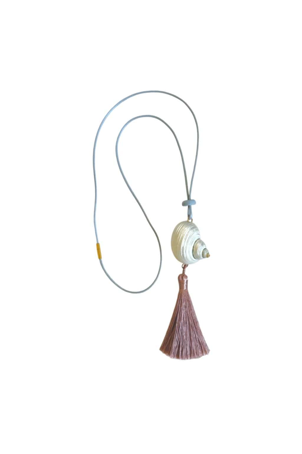 Blue and pink cord necklace with wrapped bead pendant and mauve tassel.