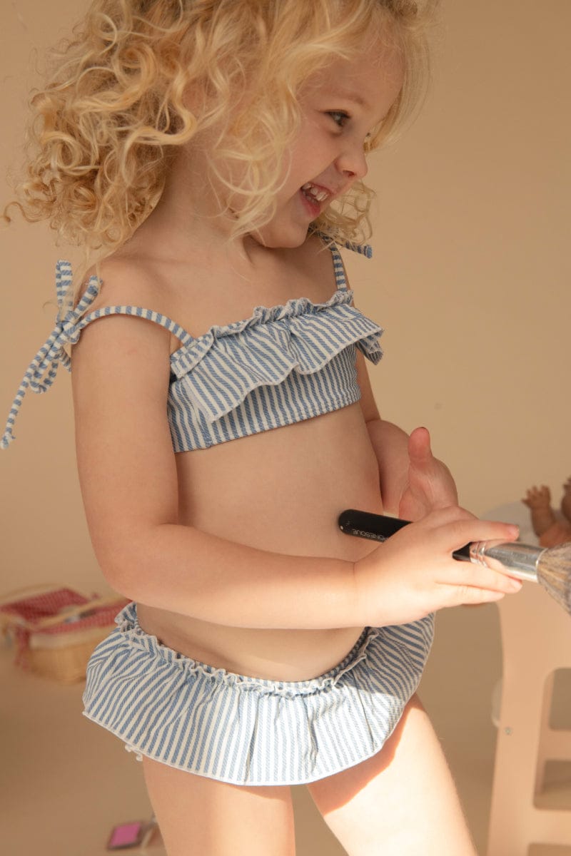 Classic Blue Stripe Mini Ruffle Top x Cabana Bikini Set
