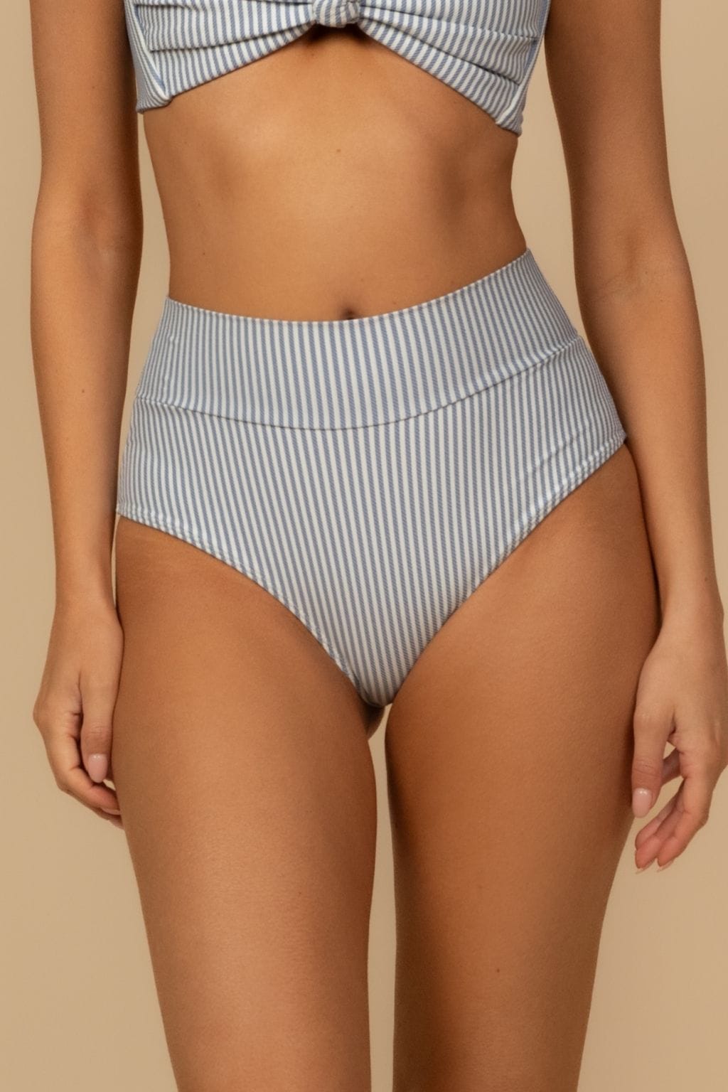 Classic Blue Stripe Full Coverage High Rise Bikini Bottom