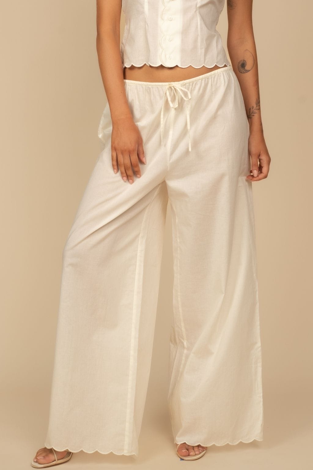 Cream Scalloped Drawstring Wide-Leg Pant