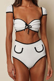 Cream (Black Binded) Terry Rib Cabana Bows Bikini Top