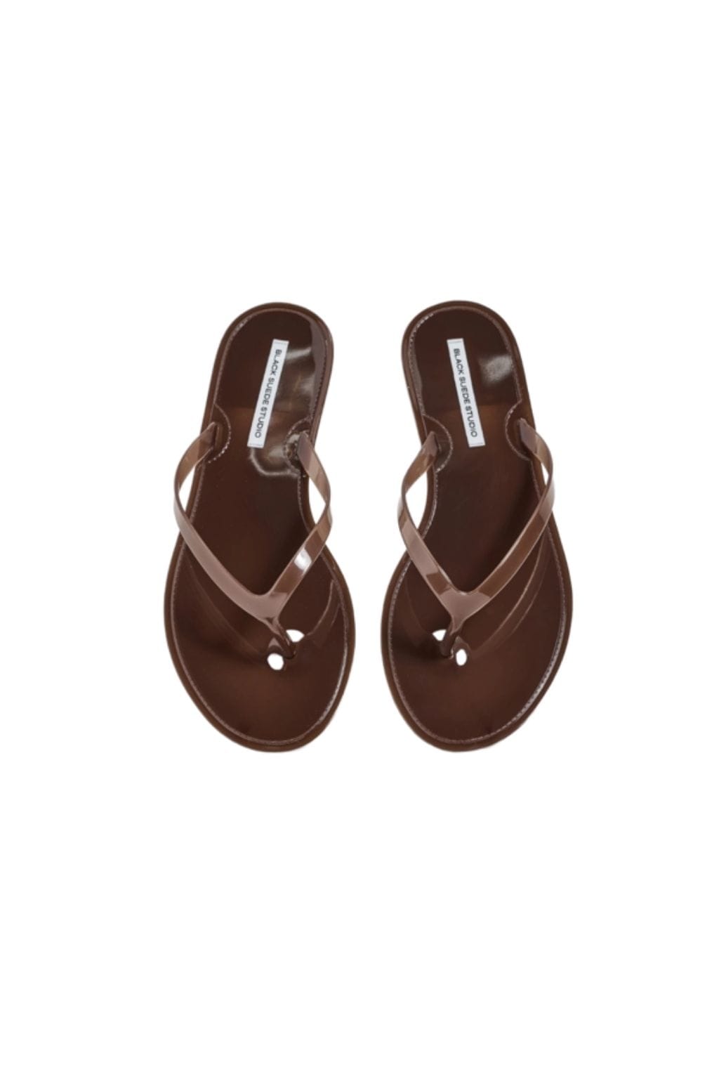 Pair of chestnut brown leather flip-flops with thong straps and decorative beads, shown from above.