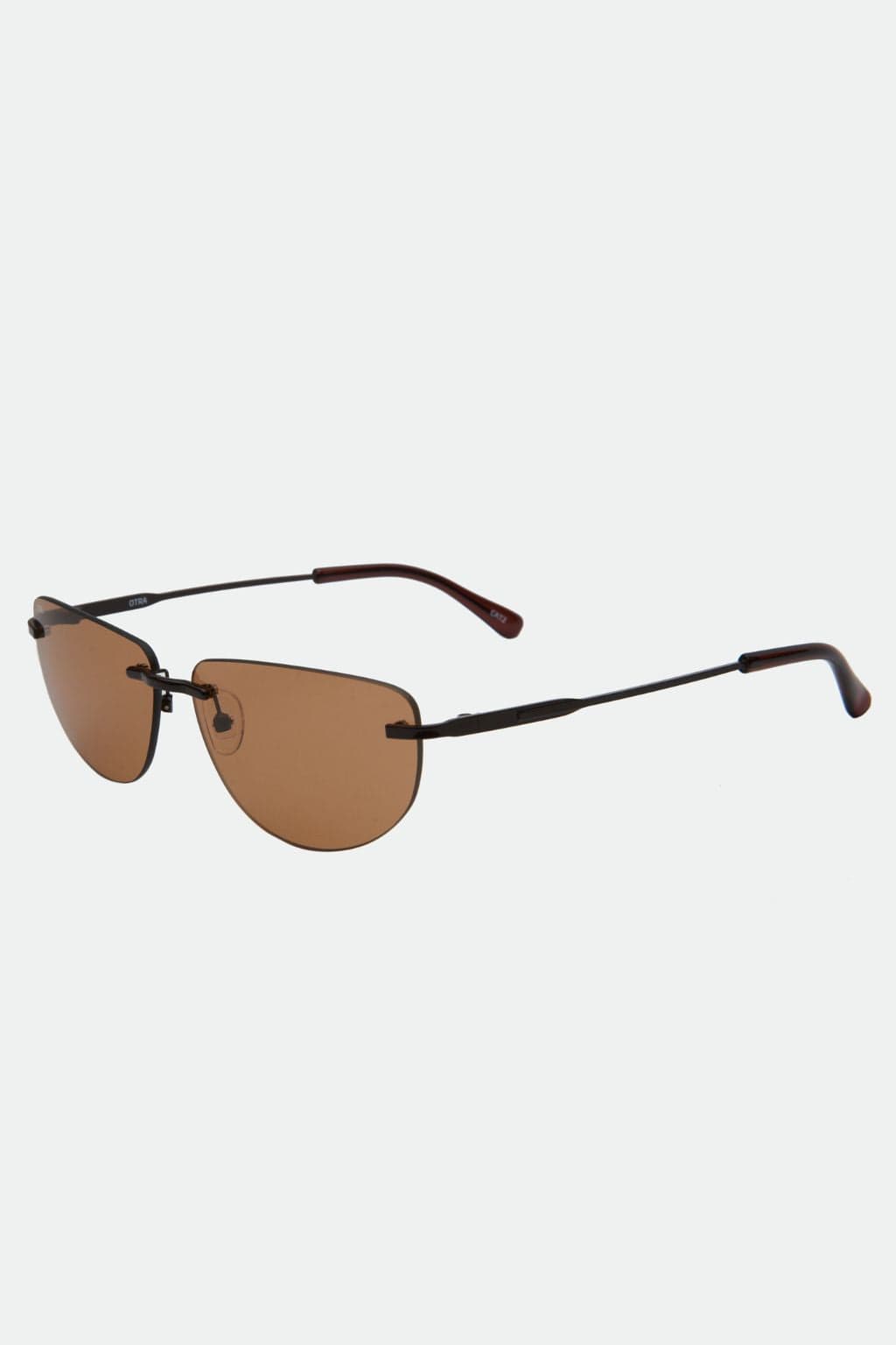 Rimless sunglasses with brown lenses and black metal frames with chocolate-colored temple tips.
