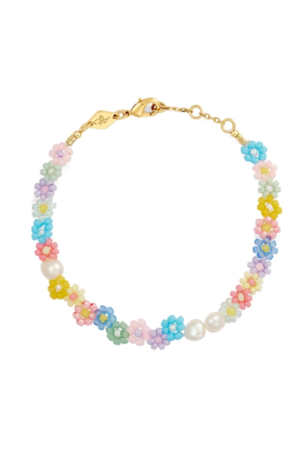 Gold-tone bracelet with multicolored flower-shaped beads in pink, blue, yellow, green, and purple, accented with white pearl 