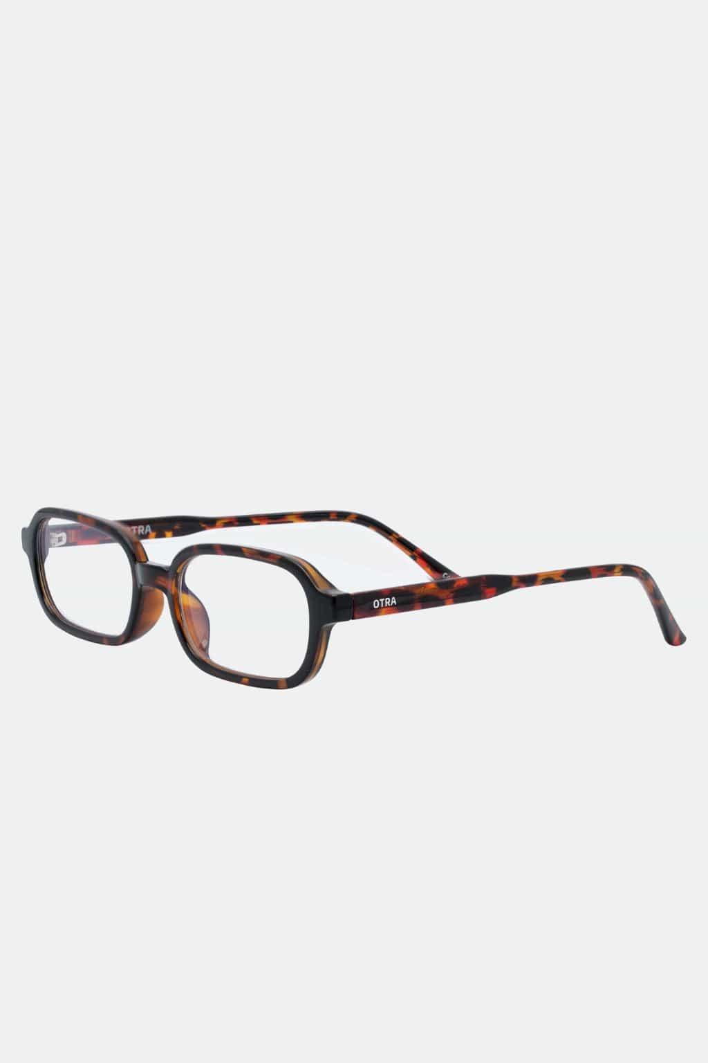 Tortoiseshell rectangular eyeglasses with clear lenses and black and brown patterned frames.