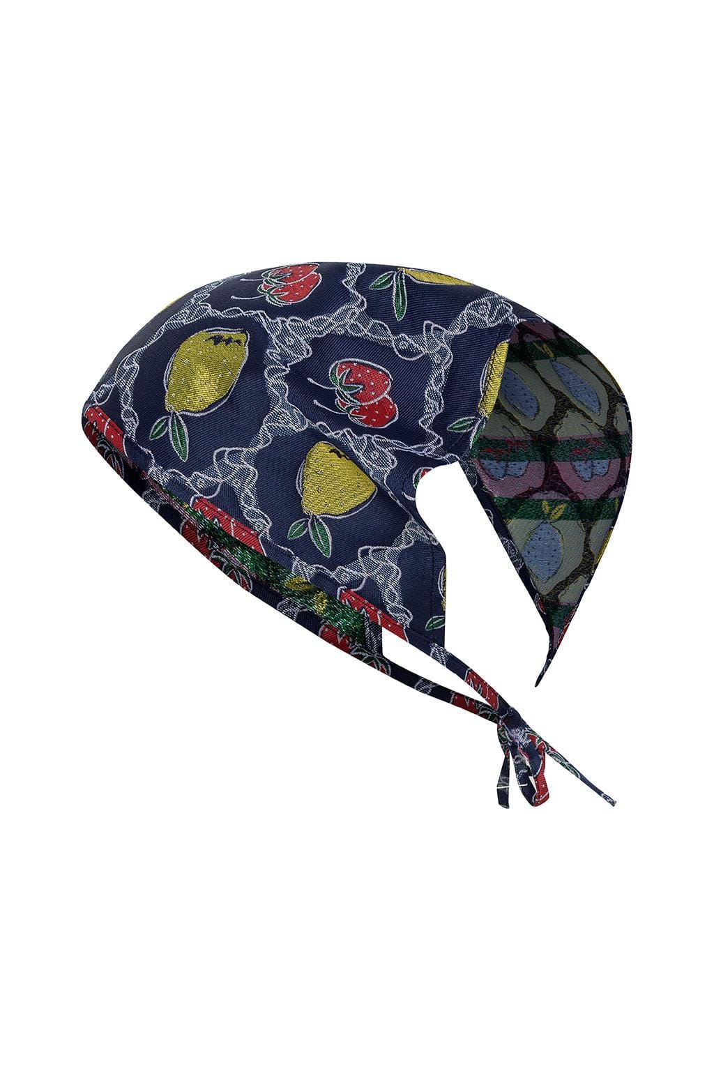 Navy tie-up scarf with yellow lemons, red berries, and vine embroidery in jacquard weave.