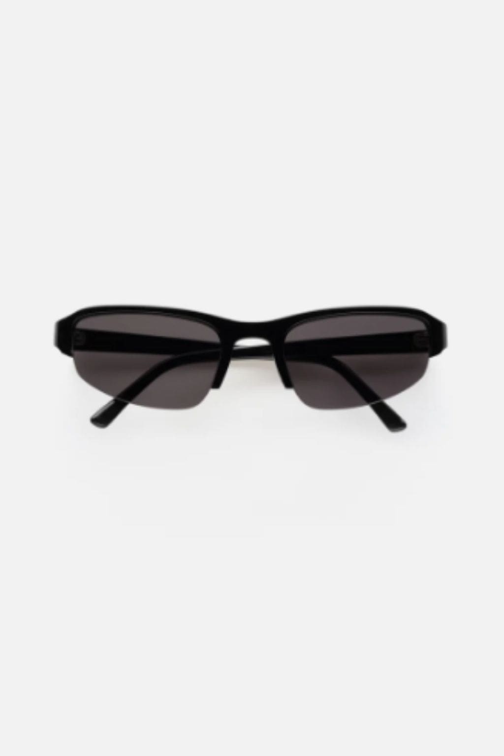 Black oval sunglasses with dark tinted lenses and thin black arms.