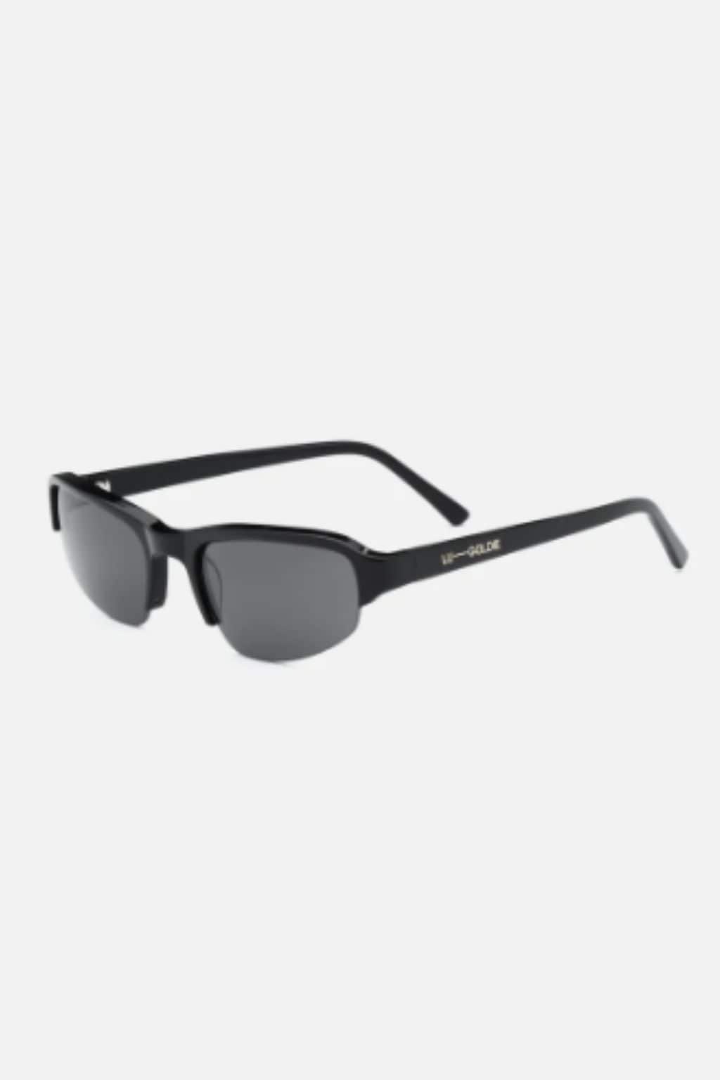 Black rectangular sunglasses with dark tinted lenses and curved arms.