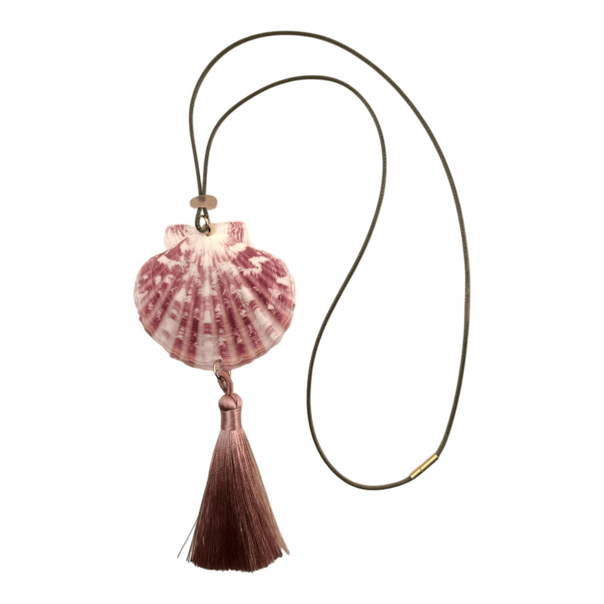 Pink and burgundy shell pendant with tassel hanging from olive-toned cord necklace.