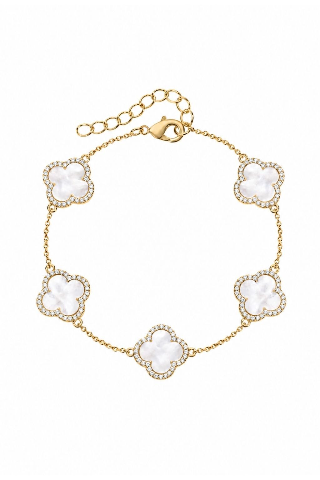 Gold-tone bracelet with five white mother-of-pearl clover charms outlined in crystals and adjustable chain link closure.