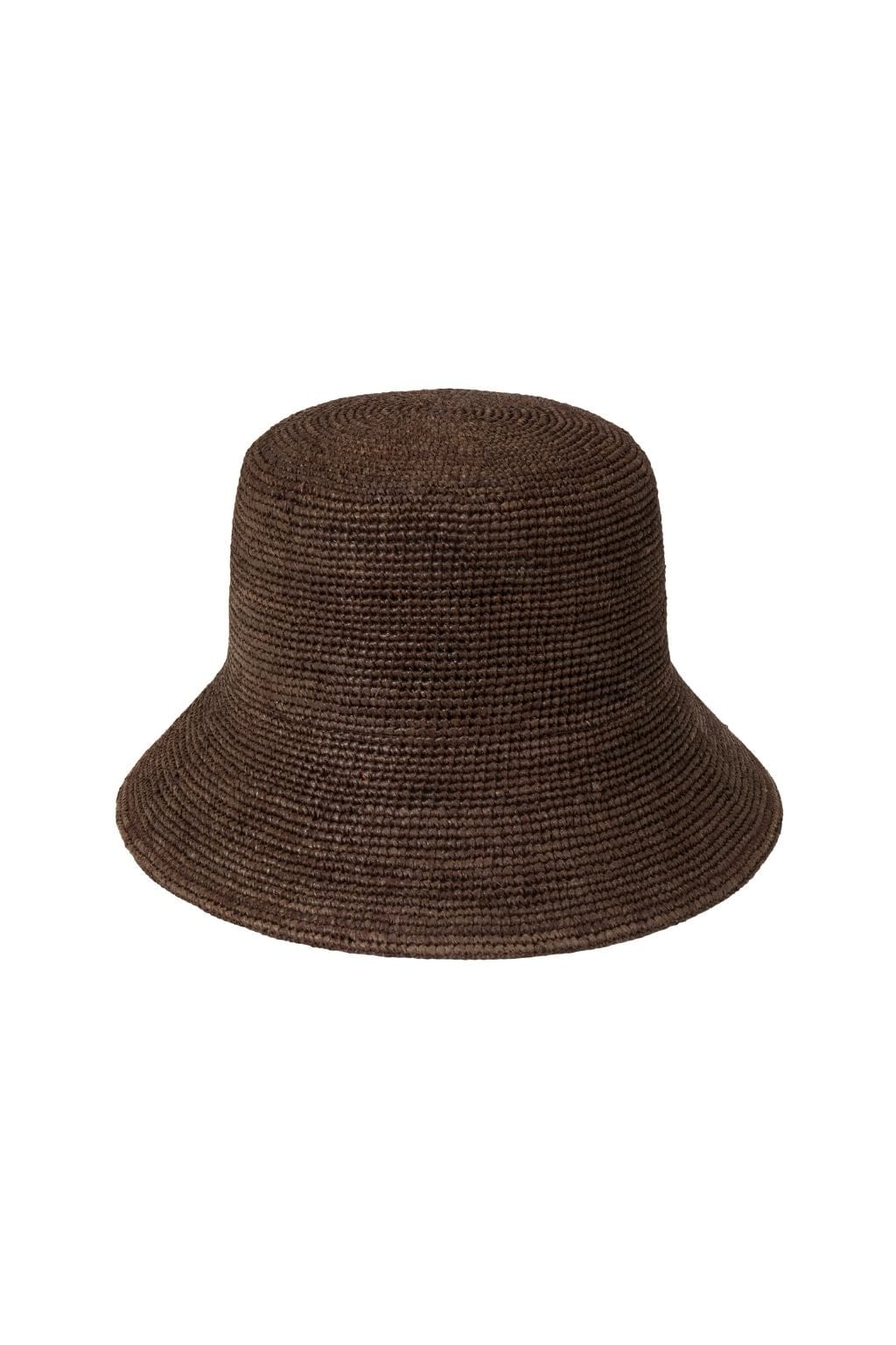 Brown knitted bucket hat with textured ribbed pattern and curved brim.