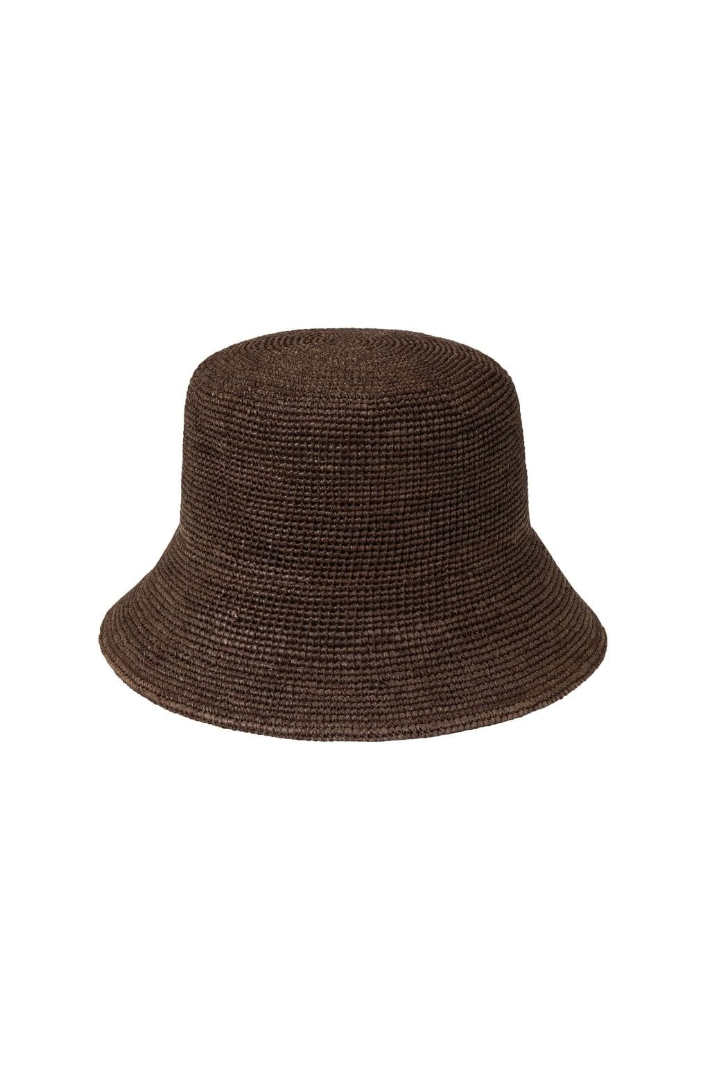 Brown woven bucket hat with textured knit pattern and rounded crown.