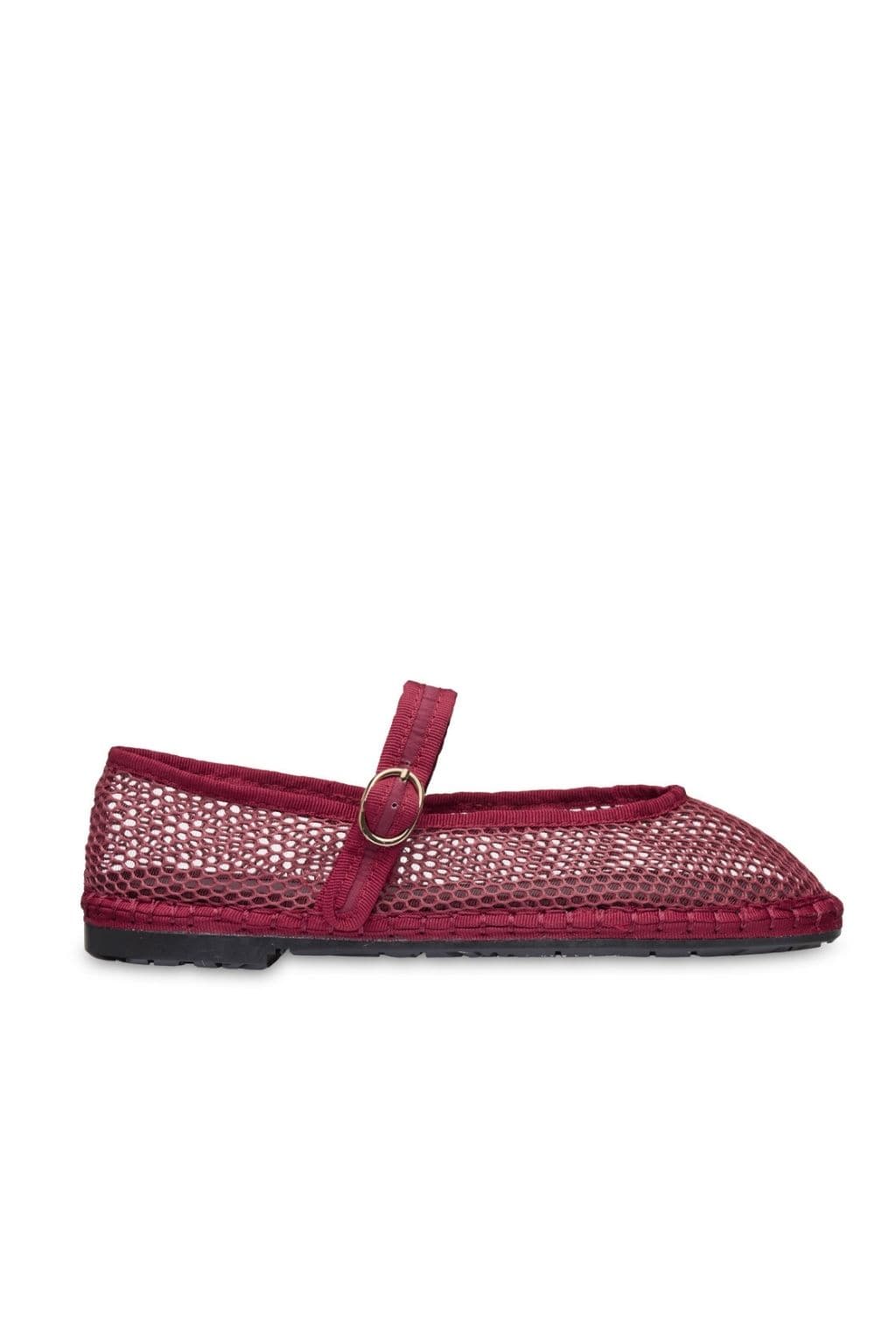 Garnet mesh mary jane slipper with buckle strap and black sole, shown in profile view.