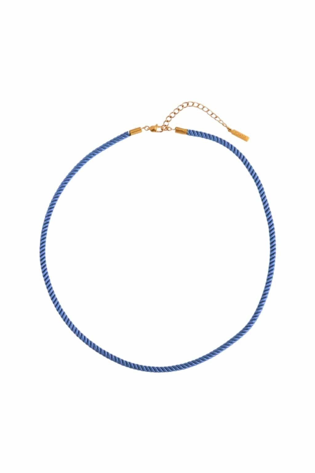 Blue twisted rope necklace with gold-tone metal caps and adjustable chain closure.