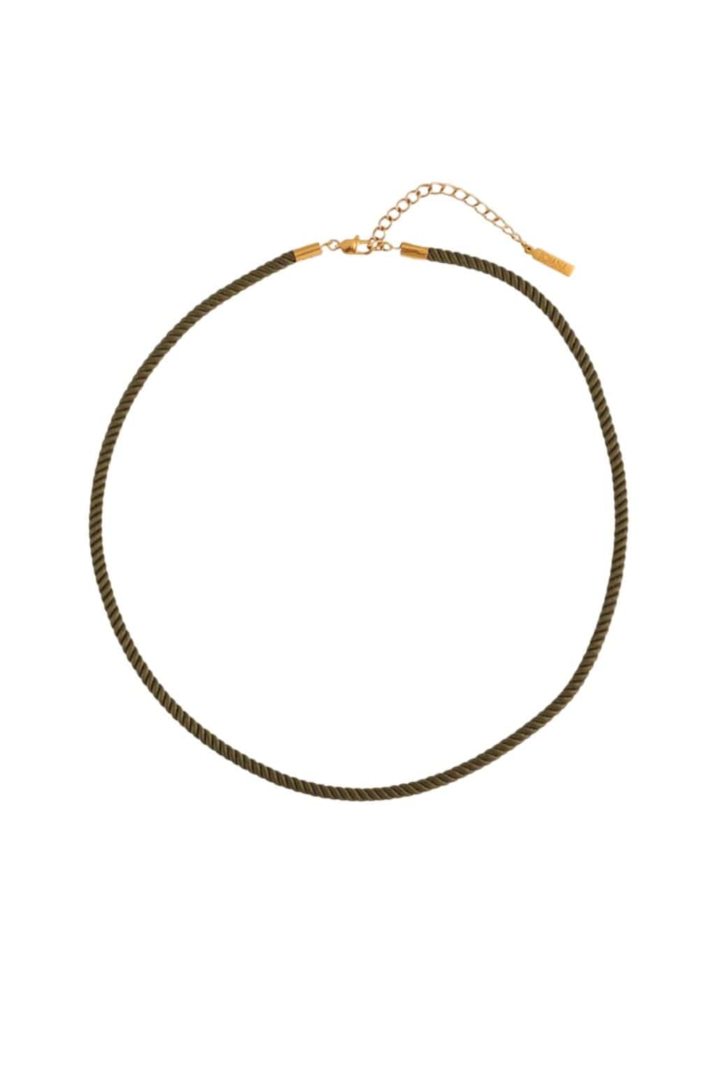 Olive-green twisted rope necklace with gold-tone clasp and chain extender.