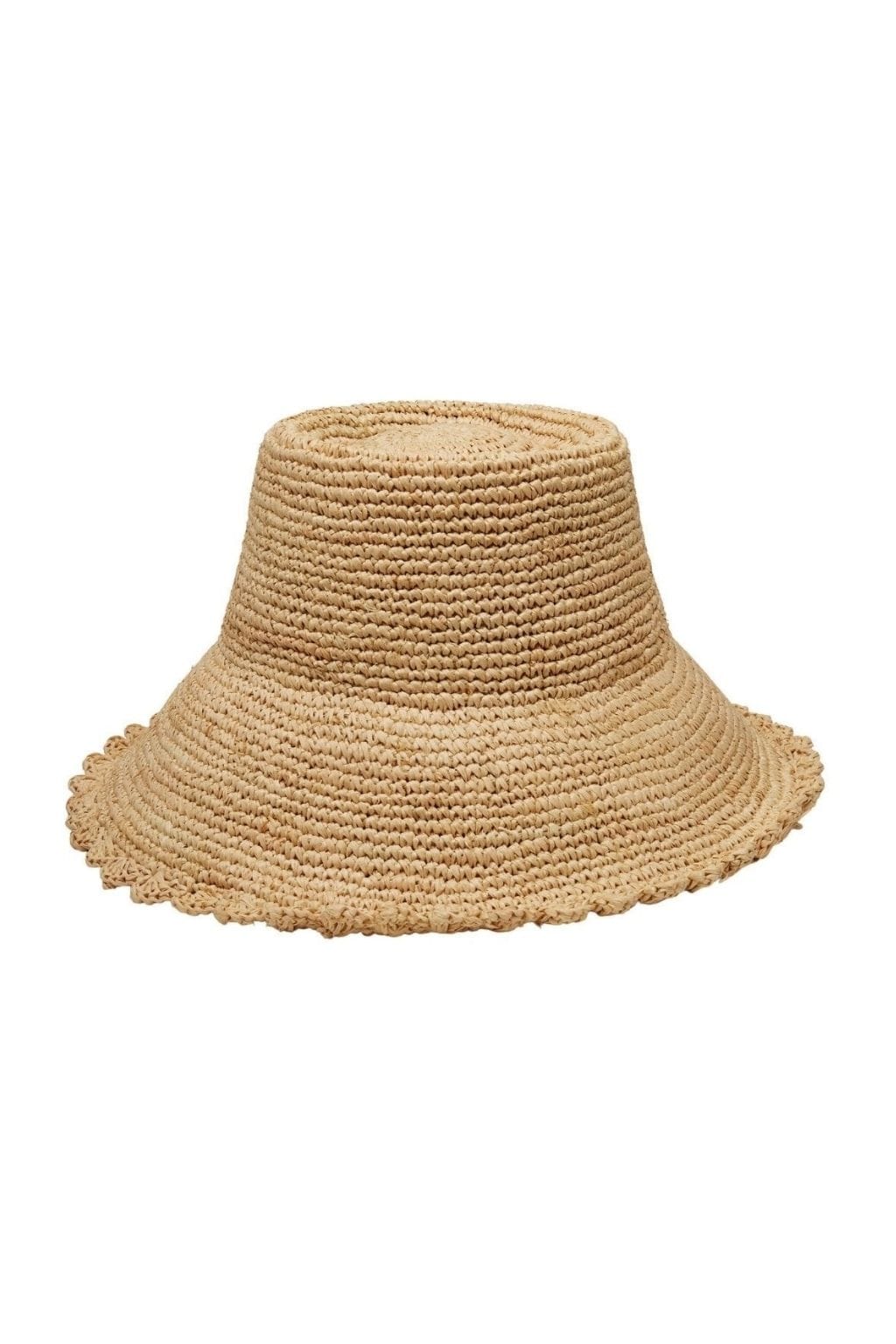Natural woven straw bucket hat with textured surface and scalloped brim edge.