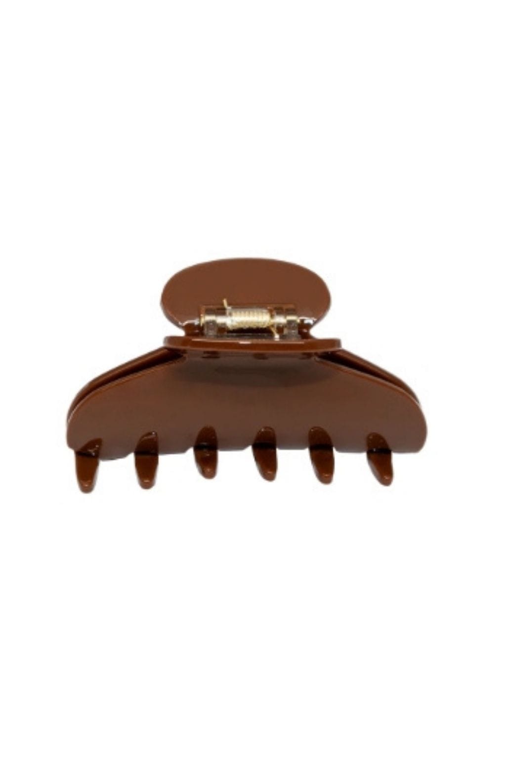 Toasted brown hair claw clip with rounded top and six prongs with gold-tone metal clasp.