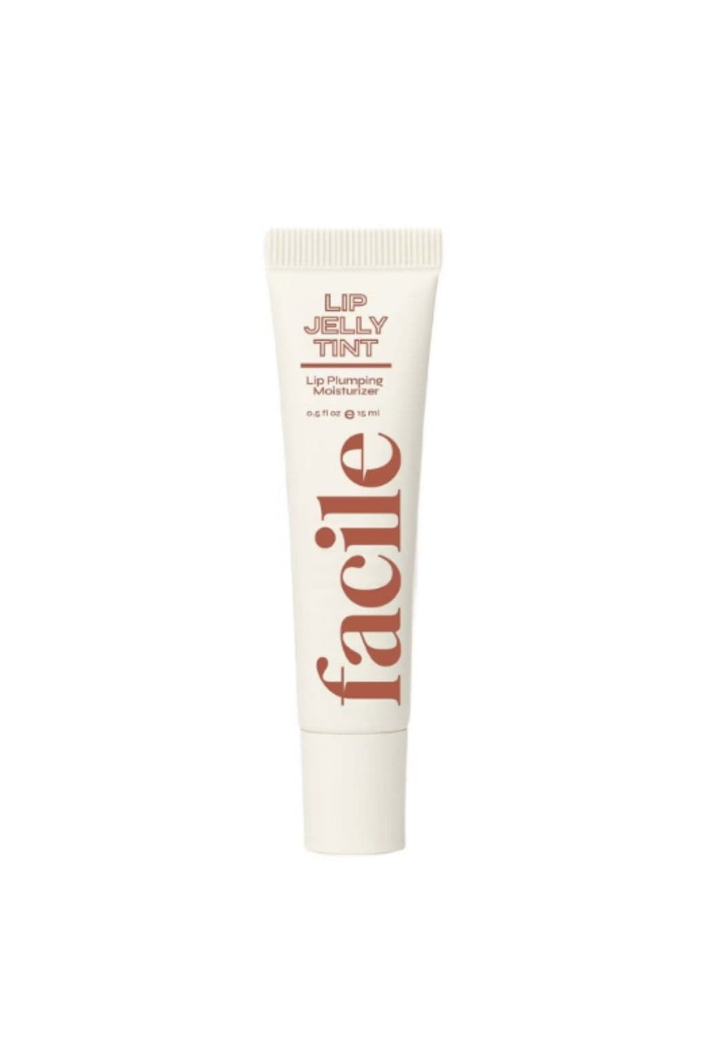 Facile Lip Jelly Tint in cognac-brown shade, 0.5 fl oz tube with ribbed cap and applicator tip.