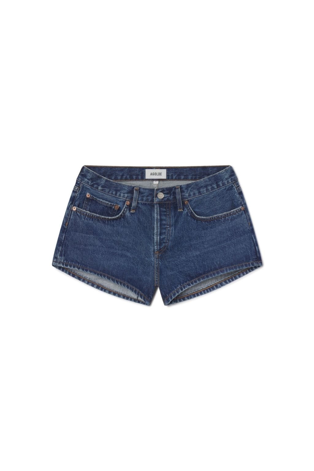 Dark blue denim shorts with a low rise, front pockets, and raw-edge hem detail.