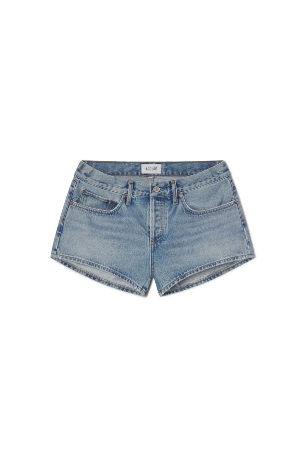 Light blue denim shorts with low rise, button and zip closure, front pockets, and frayed hemline.
