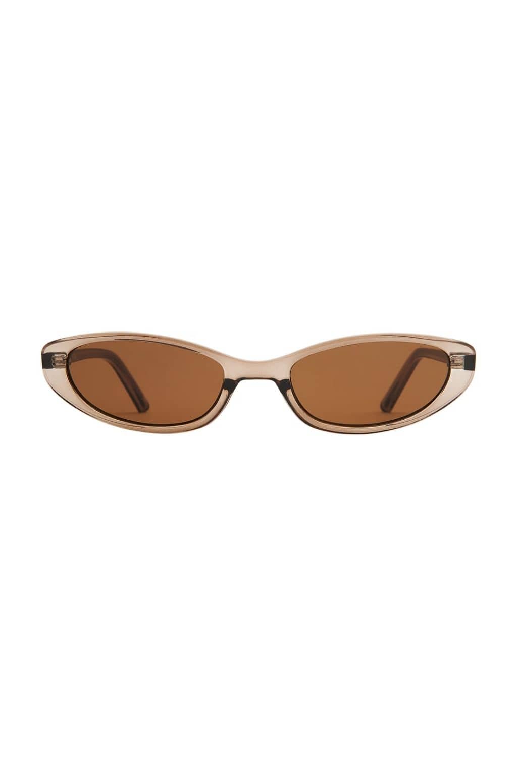 Translucent olive-brown oval sunglasses with brown-tinted lenses and dark brown arms.