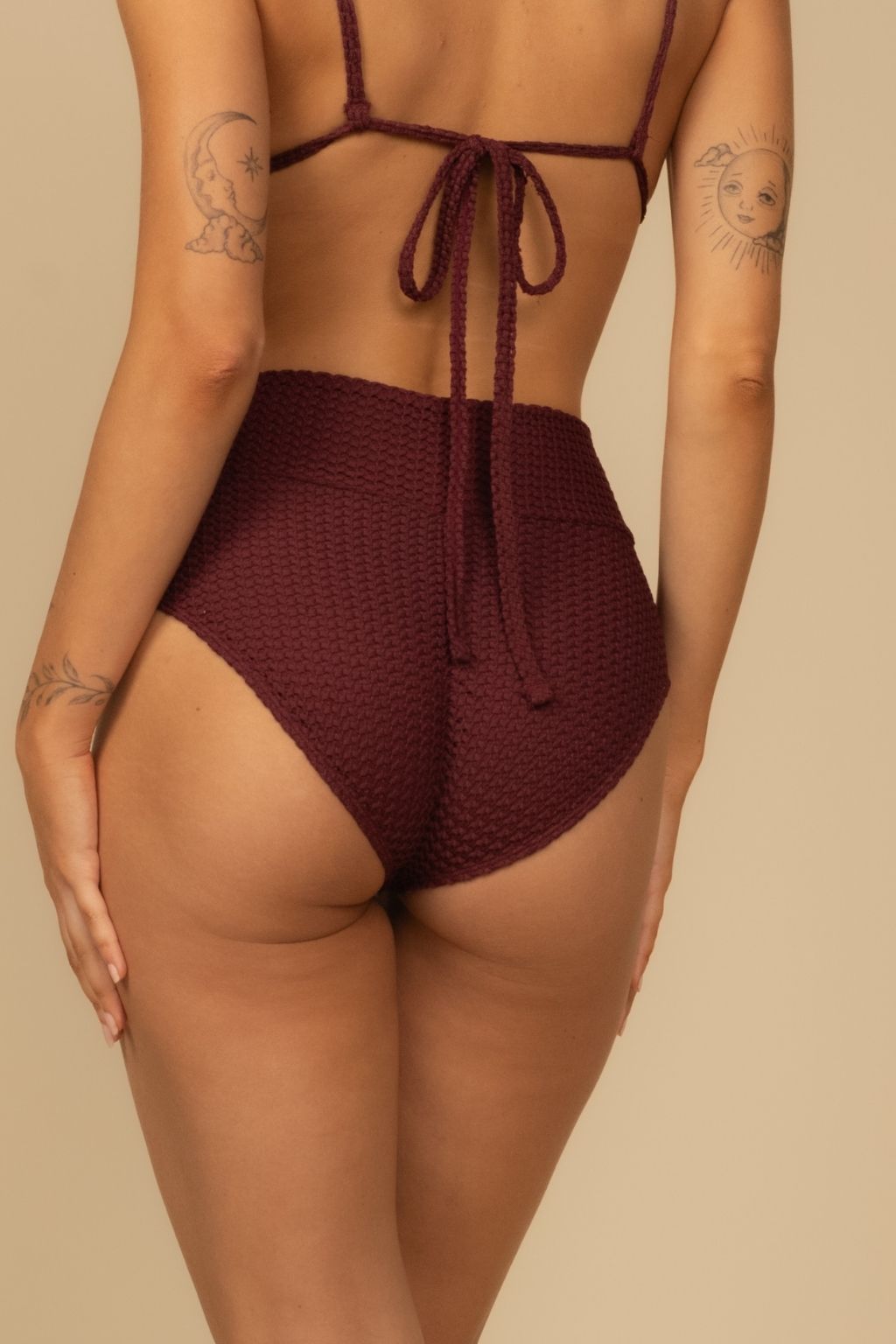Maroon Crochet Full Coverage High Rise Bikini Bottom
