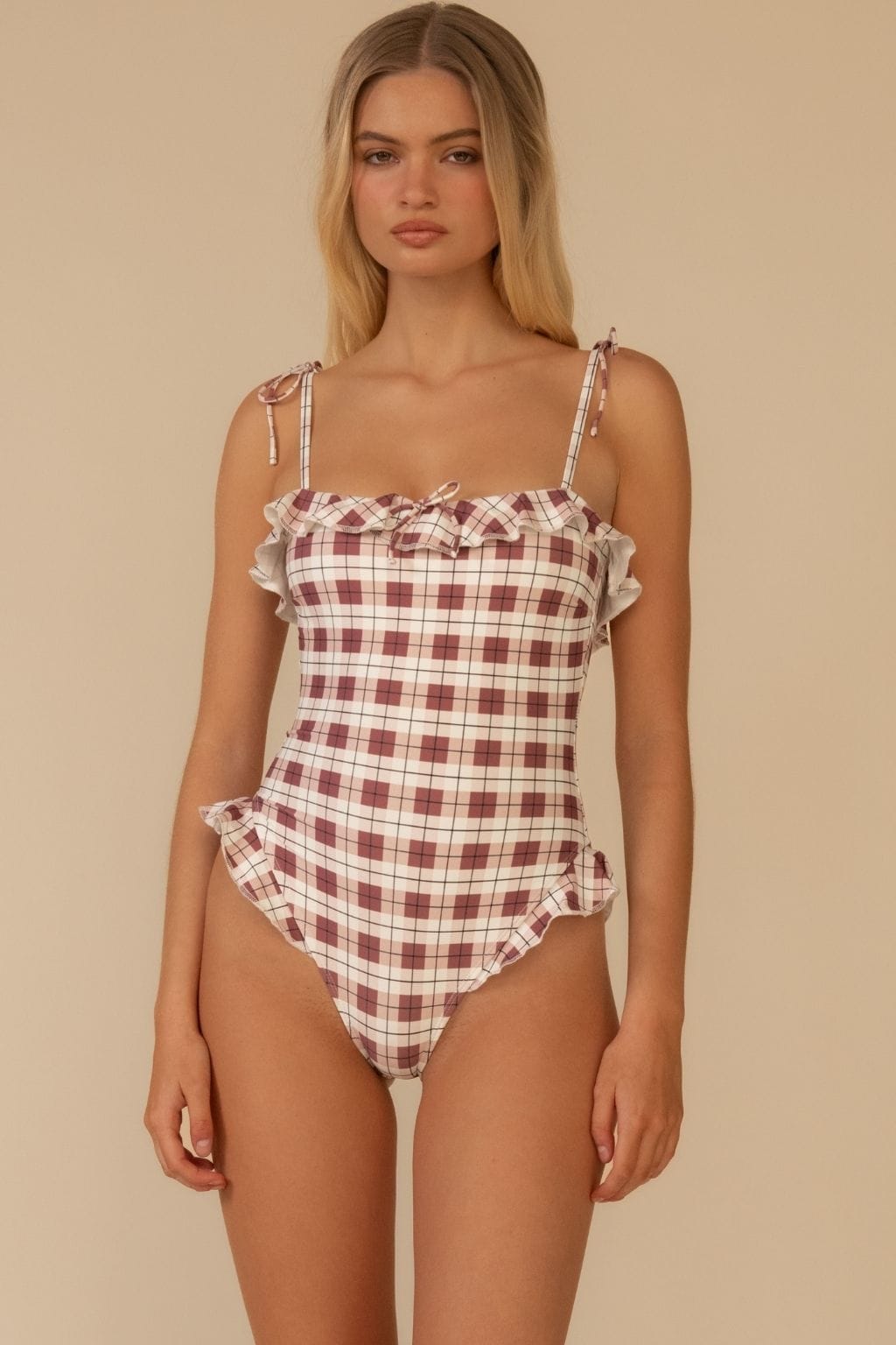Maroon Plaid Jacelyn Ruffle One-Piece