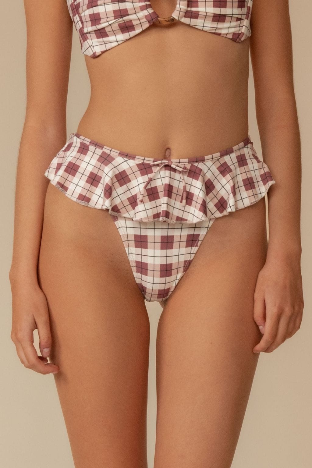 Maroon Plaid Tamarindo Ruffle Bikini Bottom