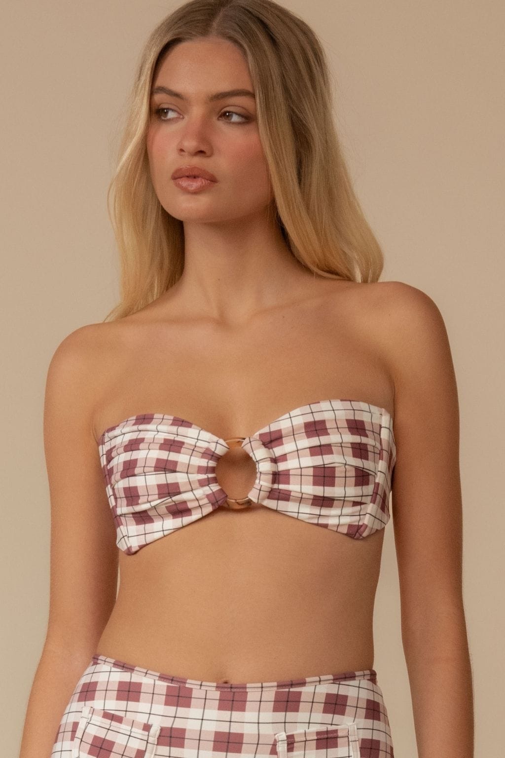 Maroon Plaid Tori Ties Bandeau Bikini Top