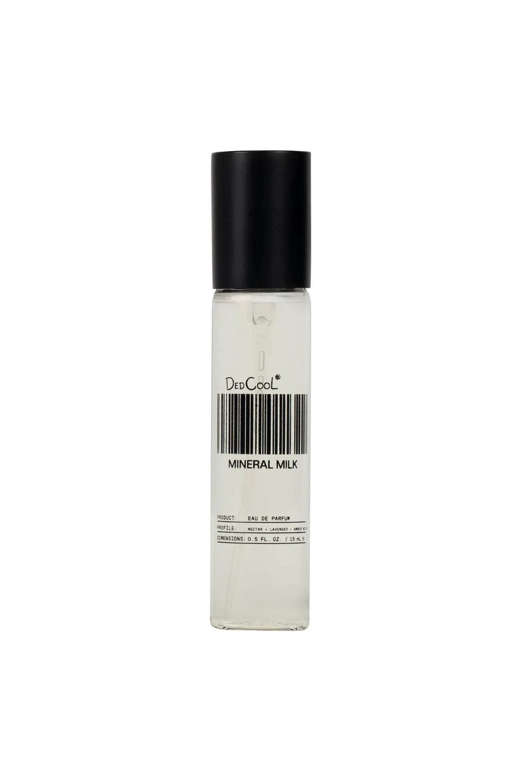 Clear cylindrical spray bottle with black cap labeled "DedCool Mineral Milk" containing pale liquid.