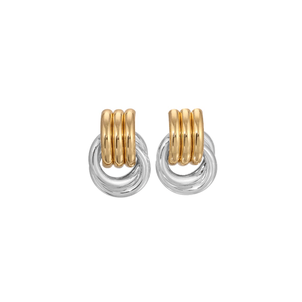 Small knot earrings in gold and silver-toned metals with interlocking rings.