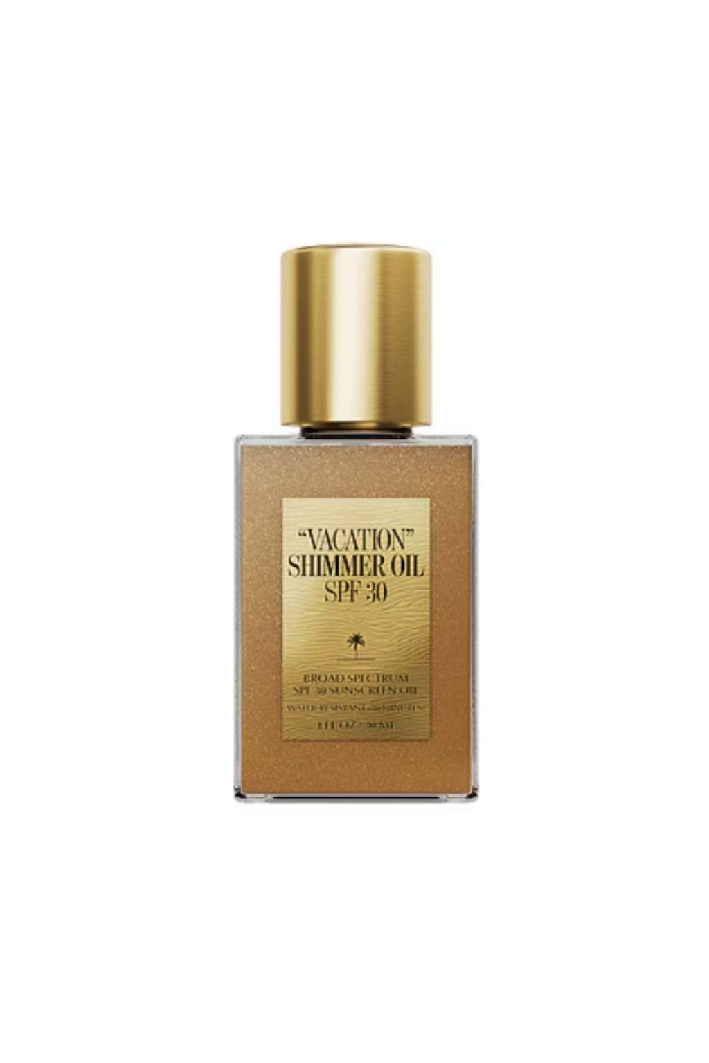 Small bottle of golden shimmer oil with gold cap and tan label marked "Vacation Shimmer Oil SPF 30".