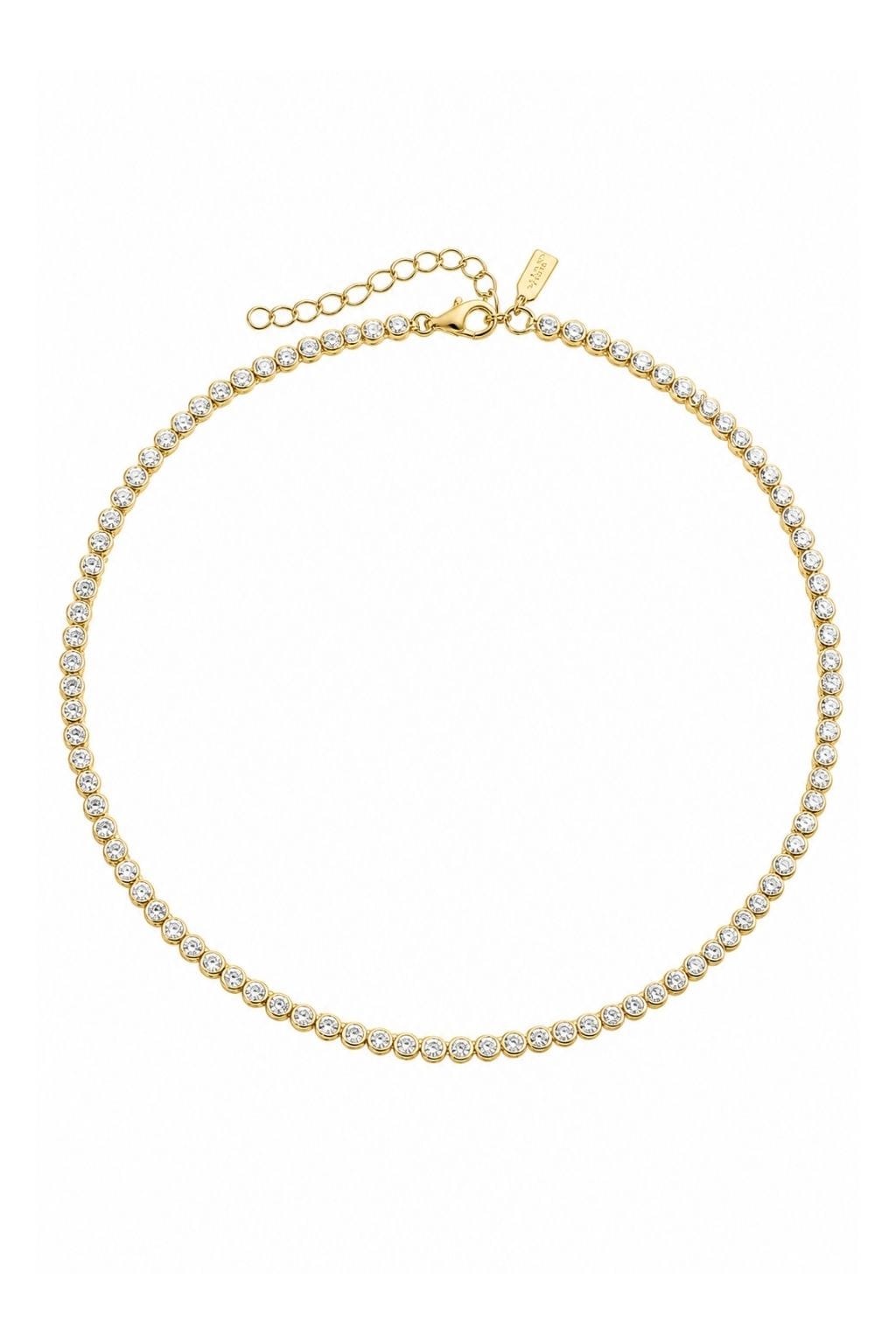 Gold necklace with round crystal stones set throughout, lobster clasp closure, and adjustable chain with tag.