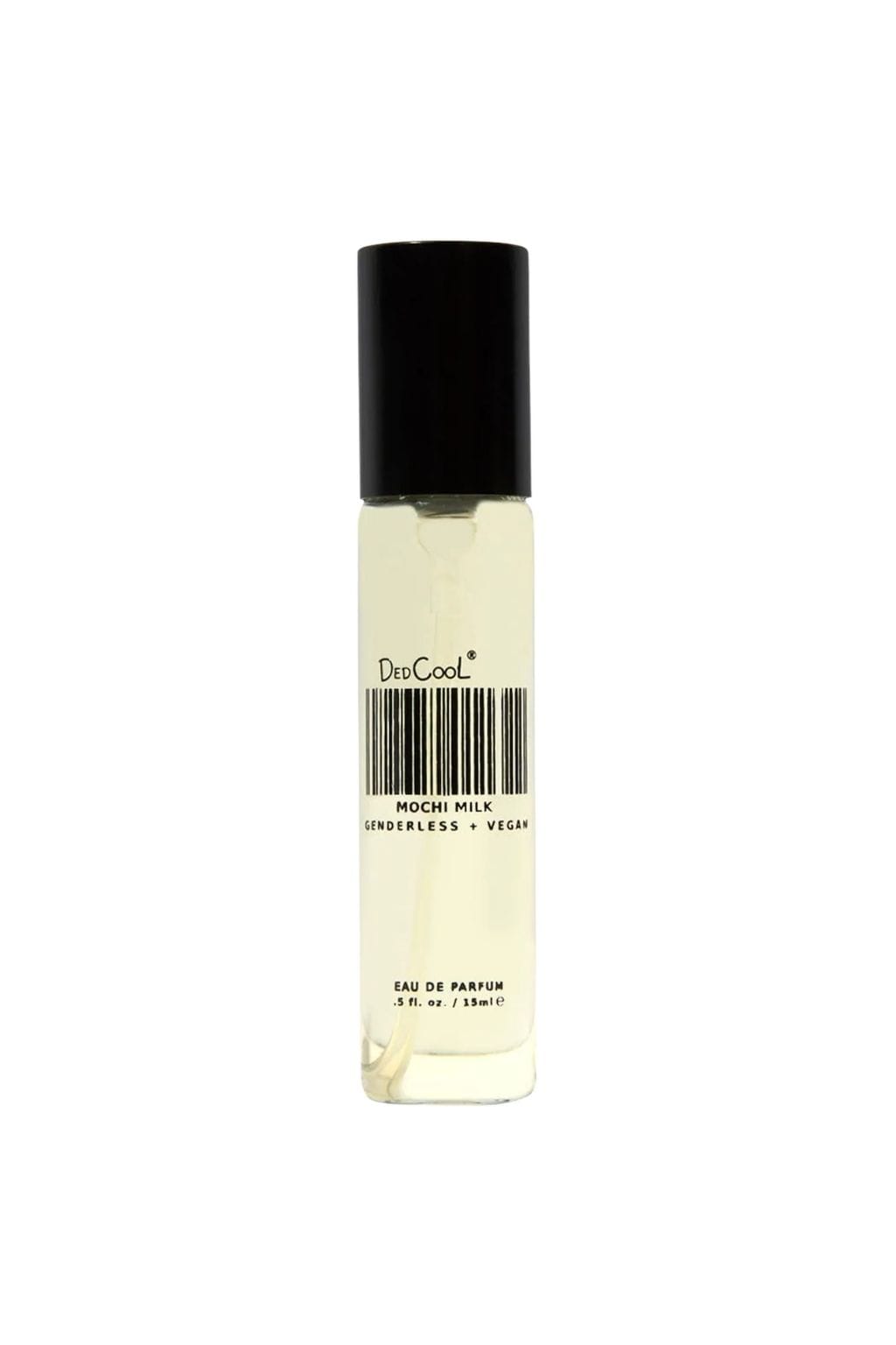 DedCool Mochi Milk eau de parfum spray bottle with black cap, 0.5 fl oz size.