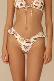 Cream bikini bottom with multicolored butterfly print and ruffled edges on leg openings.