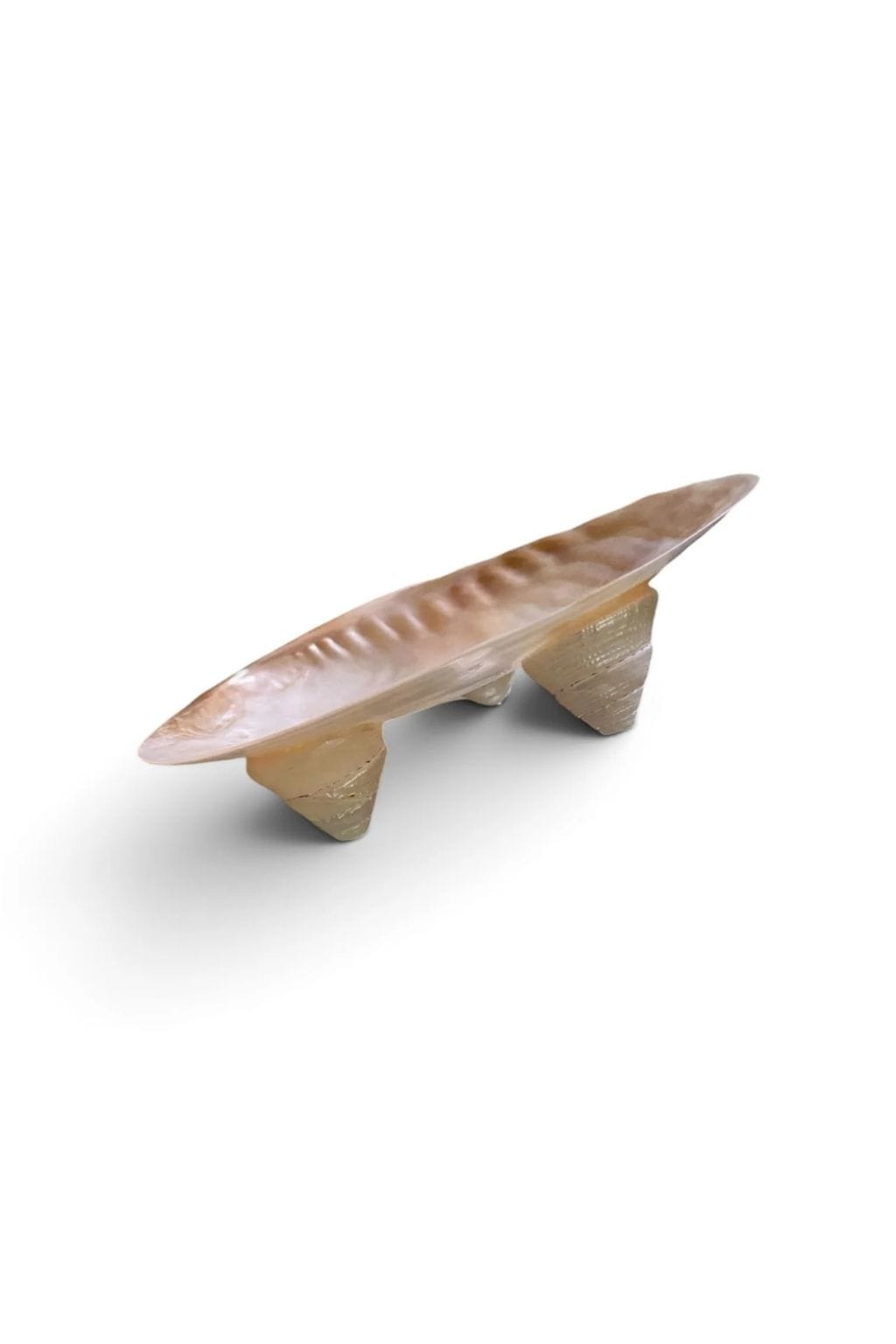 Elongated mother of pearl dish with iridescent finish and two textured cone-shaped feet.