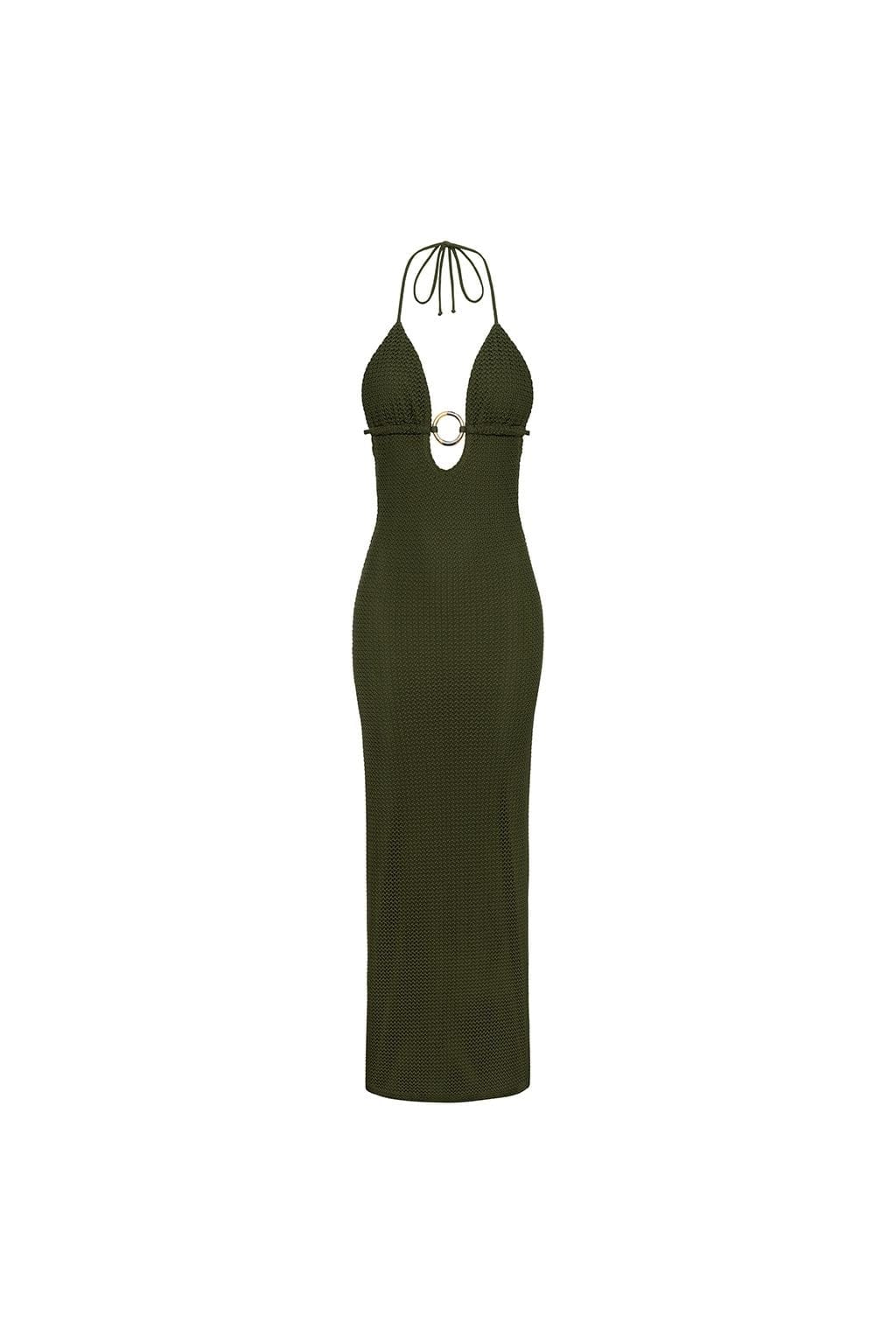 Olive green crochet maxi dress with halter neckline, cutout detail, and loop ring accent at center front.