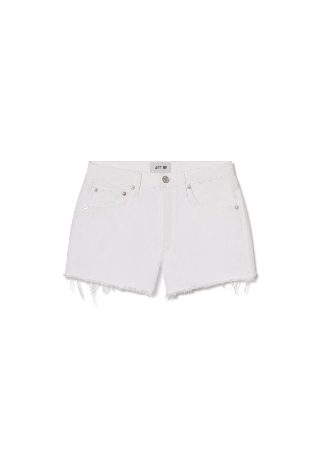 White denim shorts with distressed frayed hem and five-pocket styling.