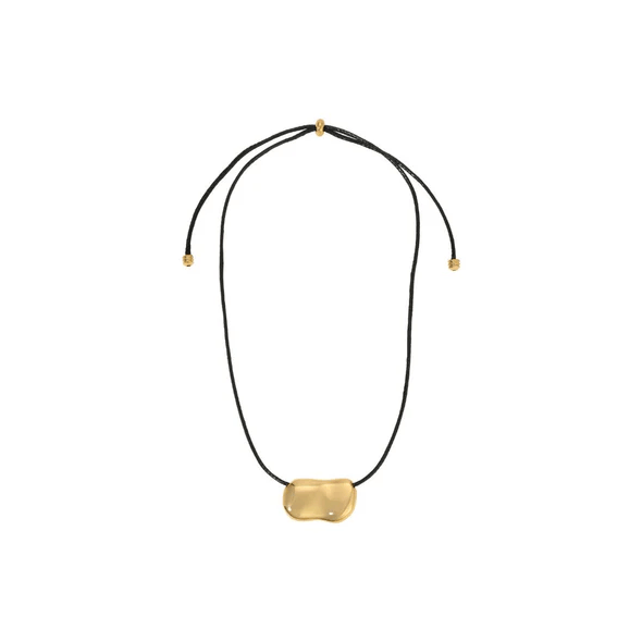 Black cord necklace with gold-toned pebble pendant and adjustable gold bead closures.