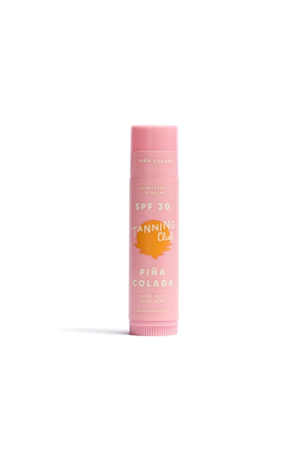 Pink cylindrical lip balm stick labeled "Pina Colada" with SPF 30 and orange sun graphic on front.
