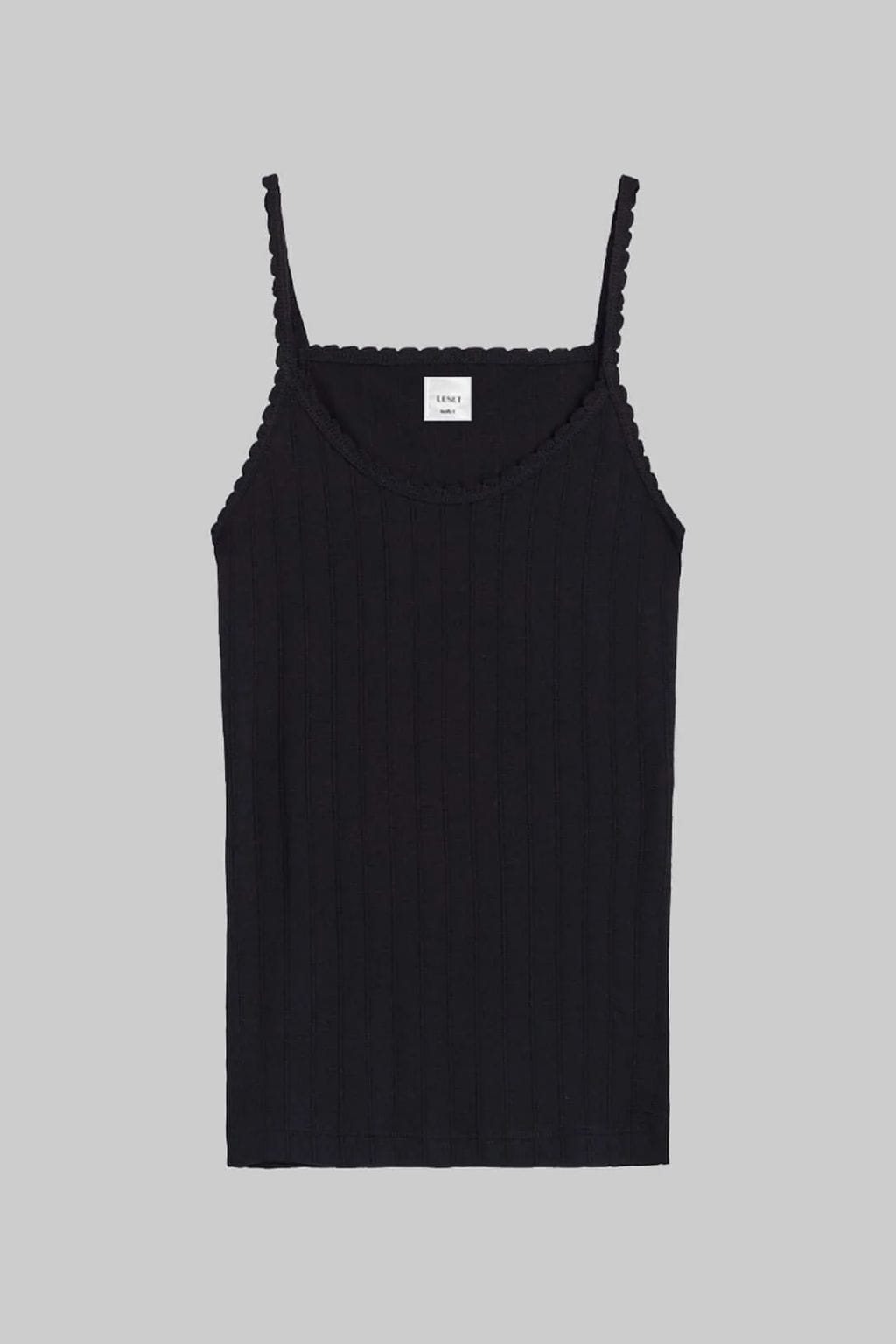 Black pointelle tank top with scalloped neckline and adjustable straps.